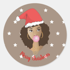 Frohe Weihnachten! Schwarze Frau, Weihnachtsmannmü Runder Aufkleber