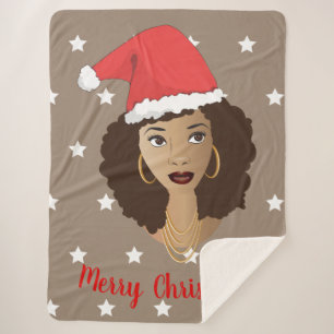 Frohe Weihnachten, schwarze Frau, weiße Sterne, br Sherpadecke