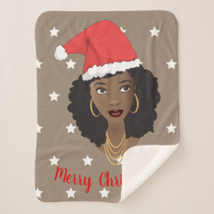 Frohe Weihnachten, schwarze Frau, weiße Sterne, br Sherpadecke