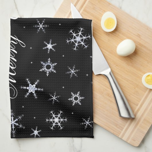 Frohe Weihnachten Schwarze Schneeflocken Küchentuch (Viertel Falte)
