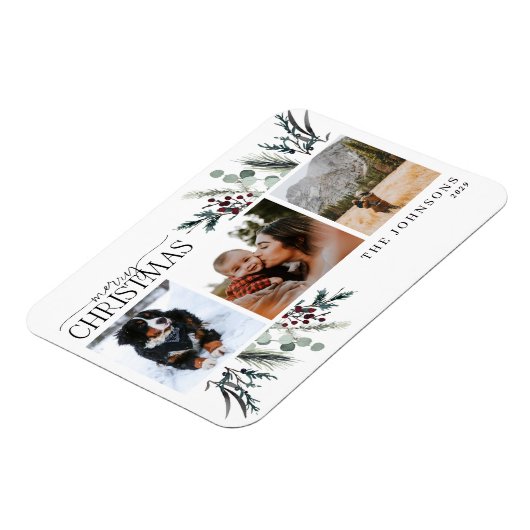Frohe Weihnachten Schwarzer Winter botanisches Fot Magnet (Linke Seite)