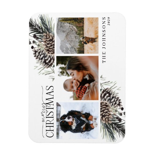 Frohe Weihnachten Schwarzer Winter Pinecone Botani Magnet (Vertikal)