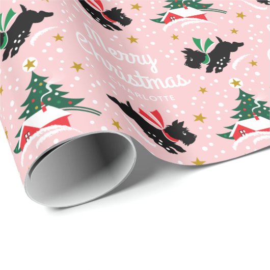 Frohe Weihnachten Scottie Dog Snow Fun Name Rosa Geschenkpapier (Rolleneckpunkt)