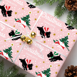 Frohe Weihnachten Scottie Dog Snow Fun Name Rosa Geschenkpapier