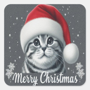 Frohe Weihnachten Scottish Fold Cat, Xmas Santa Ca Quadratischer Aufkleber