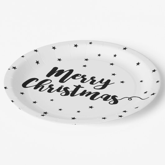 Frohe Weihnachten - Script Typografie und Sterne Pappteller (Schrägansicht)