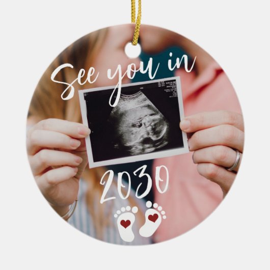 Frohe Weihnachten sehen Sie im Foto 2026 Schwanger Keramik Ornament (Vorne)