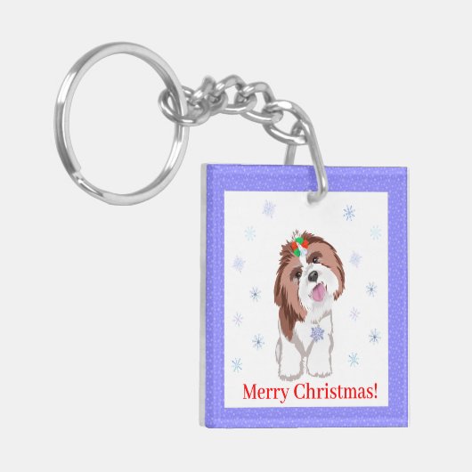 Frohe Weihnachten Shih Tzu mit Snowflake Schlüsselanhänger (Vorderseite links)