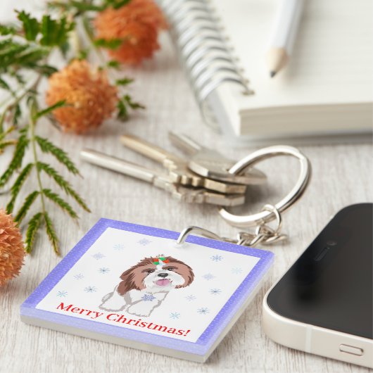 Frohe Weihnachten Shih Tzu mit Snowflake Schlüsselanhänger (Vorderseite rechts)