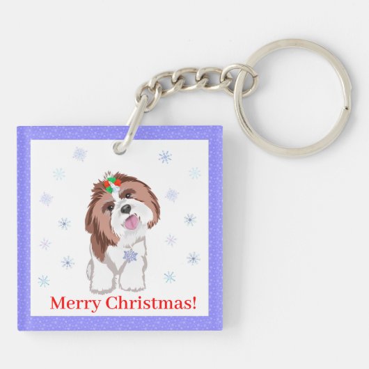 Frohe Weihnachten Shih Tzu mit Snowflake Schlüsselanhänger (Rückseite)