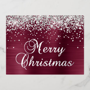 Frohe Weihnachten Silber Glitter Burgunderrot Folien Feiertagspostkarte