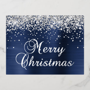 Frohe Weihnachten Silber Glitter Navy Blau Glamour Folien Feiertagspostkarte