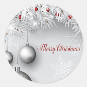 Frohe Weihnachten, Silberne Kugeln, Zweige, Schnee Runder Aufkleber