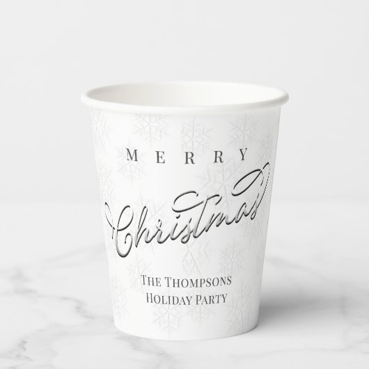 Frohe Weihnachten Silver Calligrafy Niedlich Snowf Pappbecher (Rückseite)