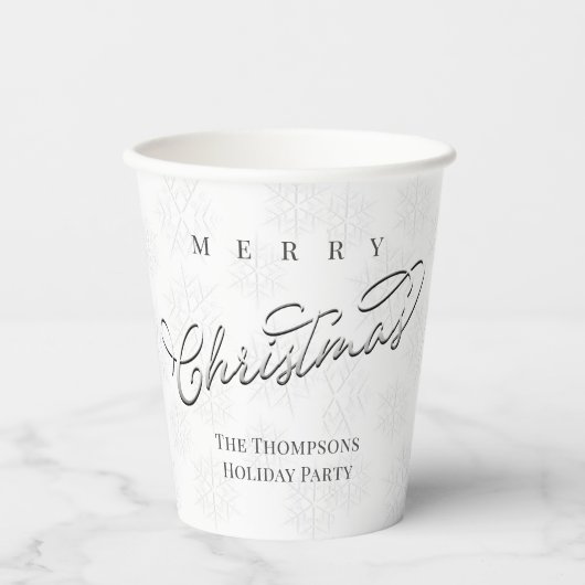 Frohe Weihnachten Silver Calligrafy Niedlich Snowf Pappbecher (Vorderseite)
