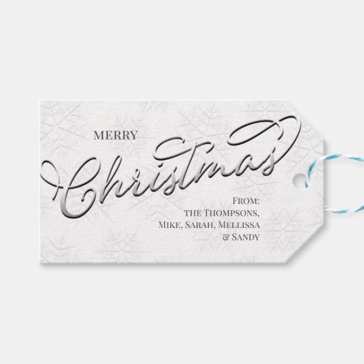 Frohe Weihnachten Silver Calligraphy Snowflakes Geschenkanhänger (Vorderseite (Horizontal))