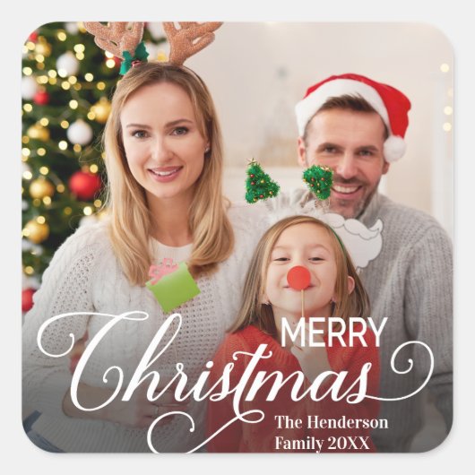 Frohe Weihnachten Simple Custom Foto Quadratischer Aufkleber (Vorderseite)
