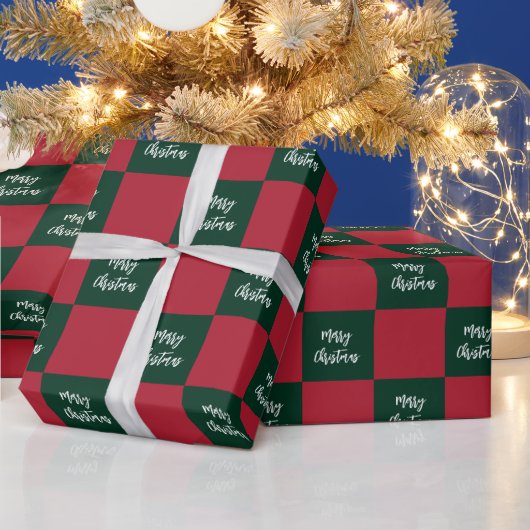Frohe Weihnachten Skript Grün und Rot Schachbrett Geschenkpapier (Feiertage)