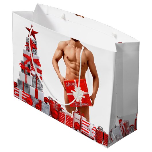 Frohe Weihnachten SlipperyJoe rot weiß Silber Gesc Große Geschenktüte (Rückseite Schrägansicht)