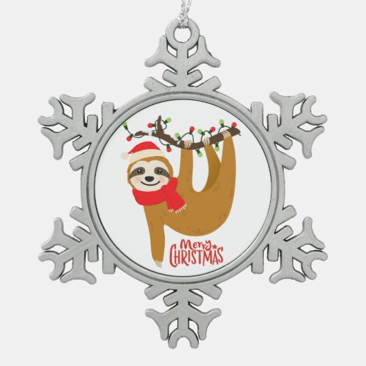 Frohe Weihnachten Sloth | Urlaub Schneeflocken Zinn-Ornament (Vorderseite)