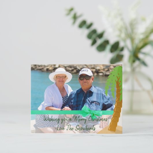 Frohe Weihnachten Snowbird Funny Palm Tree Card (Stehend Vorderseite)