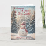 Frohe Weihnachten Snowman<br><div class="desc">Eine schöne Weihnachtssaison Snowman Weihnachtskarte bestehend aus einer Winterschneeszene mit einem lächelnden Schneemann mit einem Hut und Schal umgeben von schneebedeckten Tannenbäumen Alle Texte können angepasst werden ,  dann personalisieren mit Namen (s) und in der Nachricht.</div>