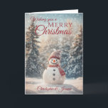 Frohe Weihnachten Snowman<br><div class="desc">Eine schöne Weihnachtssaison Snowman Weihnachtskarte bestehend aus einer Winterschneeszene mit einem lächelnden Schneemann mit einem Hut und Schal umgeben von schneebedeckten Tannenbäumen Alle Texte können angepasst werden , dann personalisieren mit Namen (s) und in der Nachricht.</div>