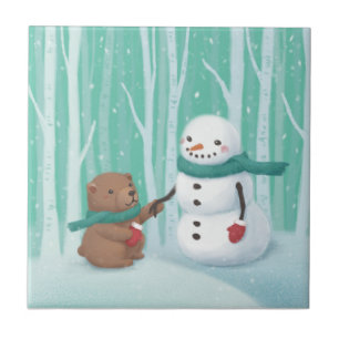 Frohe Weihnachten: Snowman & Bären Illustration Ar Fliese