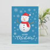Frohe Weihnachten Snowman Blue Christmas Card (Stehend Vorderseite)