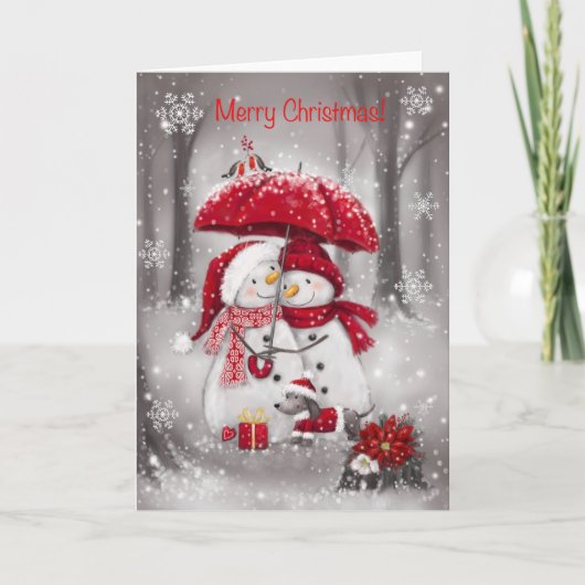 Frohe Weihnachten, Snowman Couple mit Schirm Karte (Vorderseite)