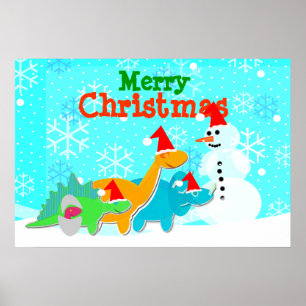 Frohe Weihnachten Snowman & Dinosaurier Poster