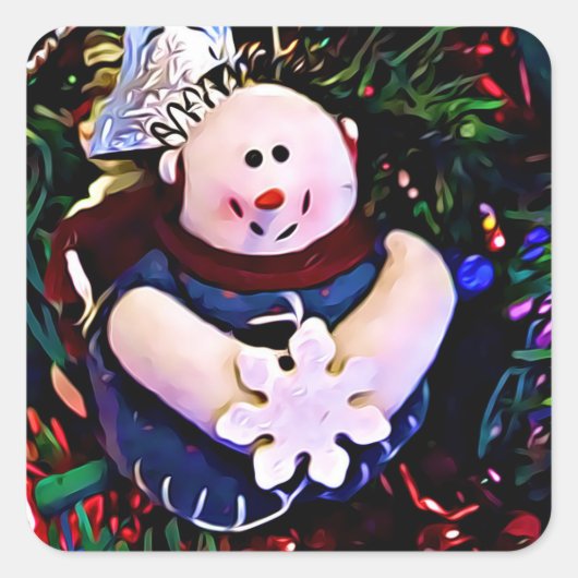 Frohe Weihnachten Snowman Holding Snowflake Quadratischer Aufkleber (Vorderseite)