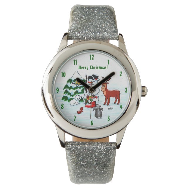 Frohe Weihnachten! Snowman mit Freunden Armbanduhr (Vorderseite)