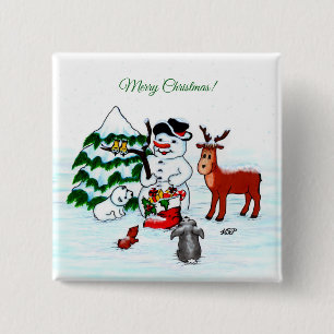 Frohe Weihnachten! Snowman mit Freunden Button