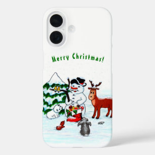 Frohe Weihnachten! Snowman mit Freunden iPhone 16 Hülle