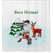 Frohe Weihnachten! Snowman mit Freunden Duschvorhang (Vorderseite)