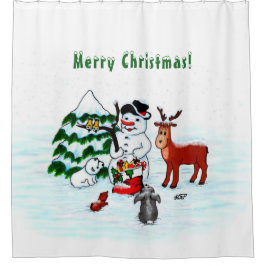 Frohe Weihnachten! Snowman mit Freunden Duschvorhang