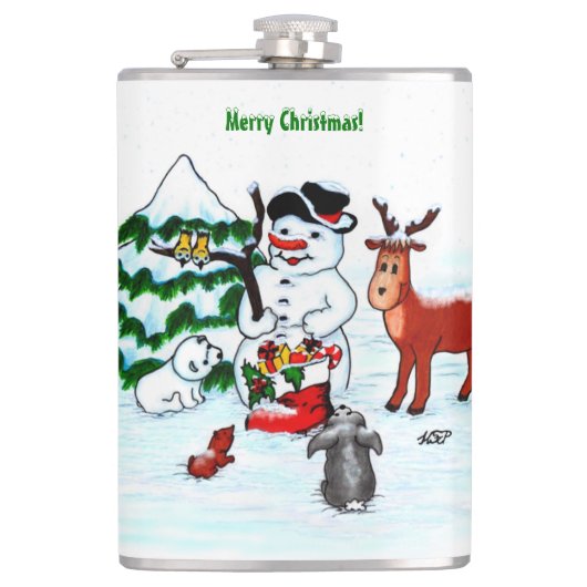 Frohe Weihnachten! Snowman mit Freunden Flachmann (Vorderseite)