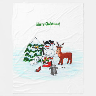 Frohe Weihnachten! Snowman mit Freunden Fleecedecke