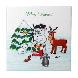 Frohe Weihnachten! Snowman mit Freunden Fliese