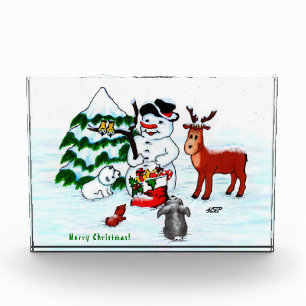Frohe Weihnachten! Snowman mit Freunden Fotoblock
