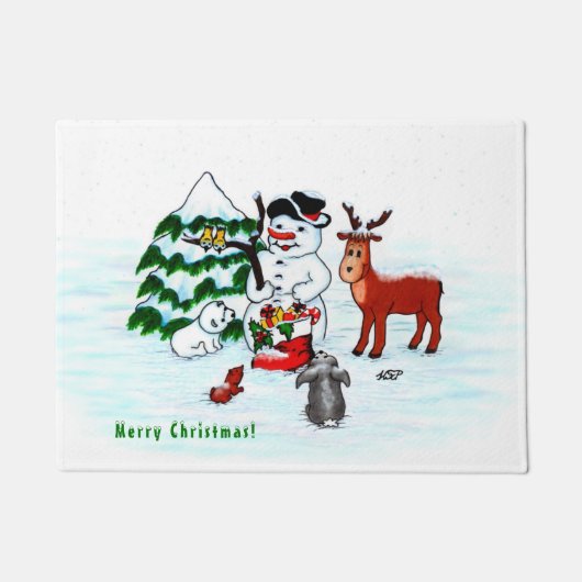 Frohe Weihnachten! Snowman mit Freunden Fußmatte (Vorderseite)