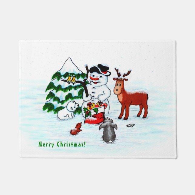 Frohe Weihnachten! Snowman mit Freunden Fußmatte (Vorderseite)