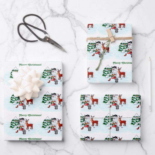 Frohe Weihnachten! Snowman mit Freunden Geschenkpapier Set (Vorderseite)
