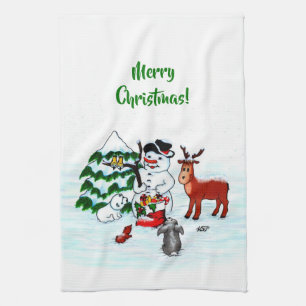 Frohe Weihnachten! Snowman mit Freunden Geschirrtuch