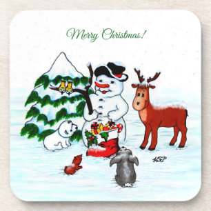 Frohe Weihnachten! Snowman mit Freunden Getränkeuntersetzer