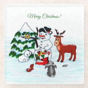 Frohe Weihnachten! Snowman mit Freunden Glasuntersetzer