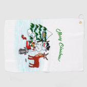 Frohe Weihnachten! Snowman mit Freunden Golfhandtuch (Horizontal)