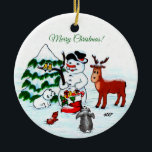 Frohe Weihnachten! Snowman mit Freunden Keramik Ornament<br><div class="desc">Frohe Weihnachten! Snowman with Friends - Baby Polar Bear, Birds, Elch, Kaninchen, ~~~ Farbstift zeichnend von Krisi ArtKSZP ~~ Store Category >>>>> Frohe Weihnachten für Kinder >>> Schneemann mit Freunden</div>