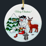 Frohe Weihnachten! Snowman mit Freunden Keramik Ornament<br><div class="desc">Frohe Weihnachten! Snowman with Friends - Baby Polar Bear, Birds, Elch, Kaninchen, ~~~ Farbstift zeichnend von Krisi ArtKSZP ~~ Store Category >>>>> Frohe Weihnachten für Kinder >>> Schneemann mit Freunden</div>